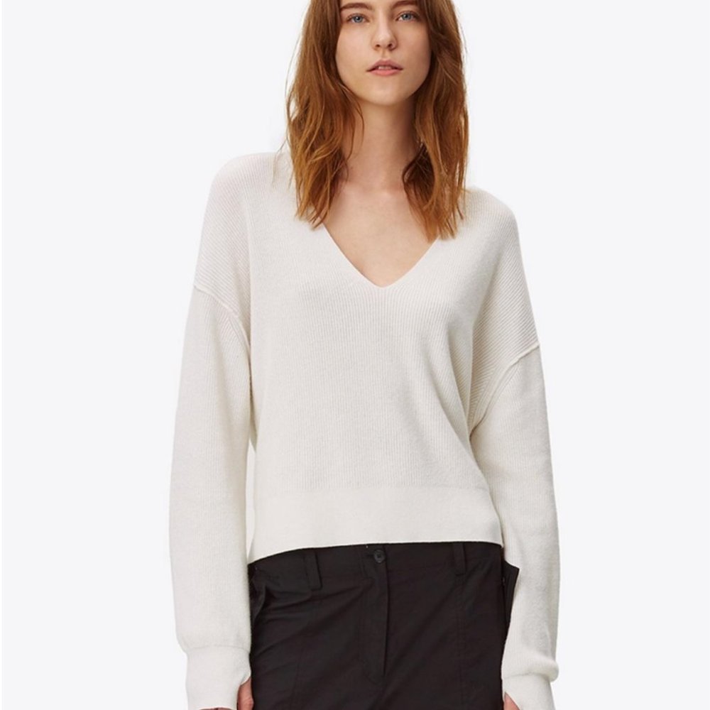 Helmut Lang V Neck Cotton Cashmere White Sweater | M
